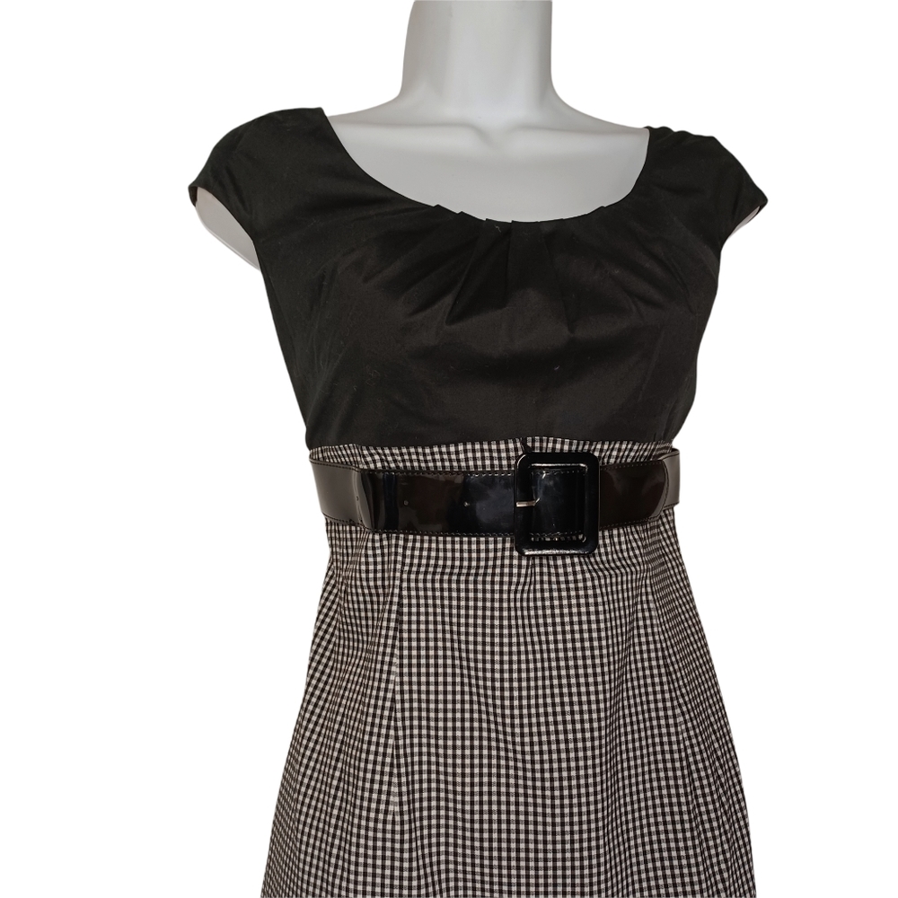 ADRIANNA PAPELL Black White Gingham Plaid Print Cap Sleeve Midi Dress 8 Medium - Picture 2 of 7